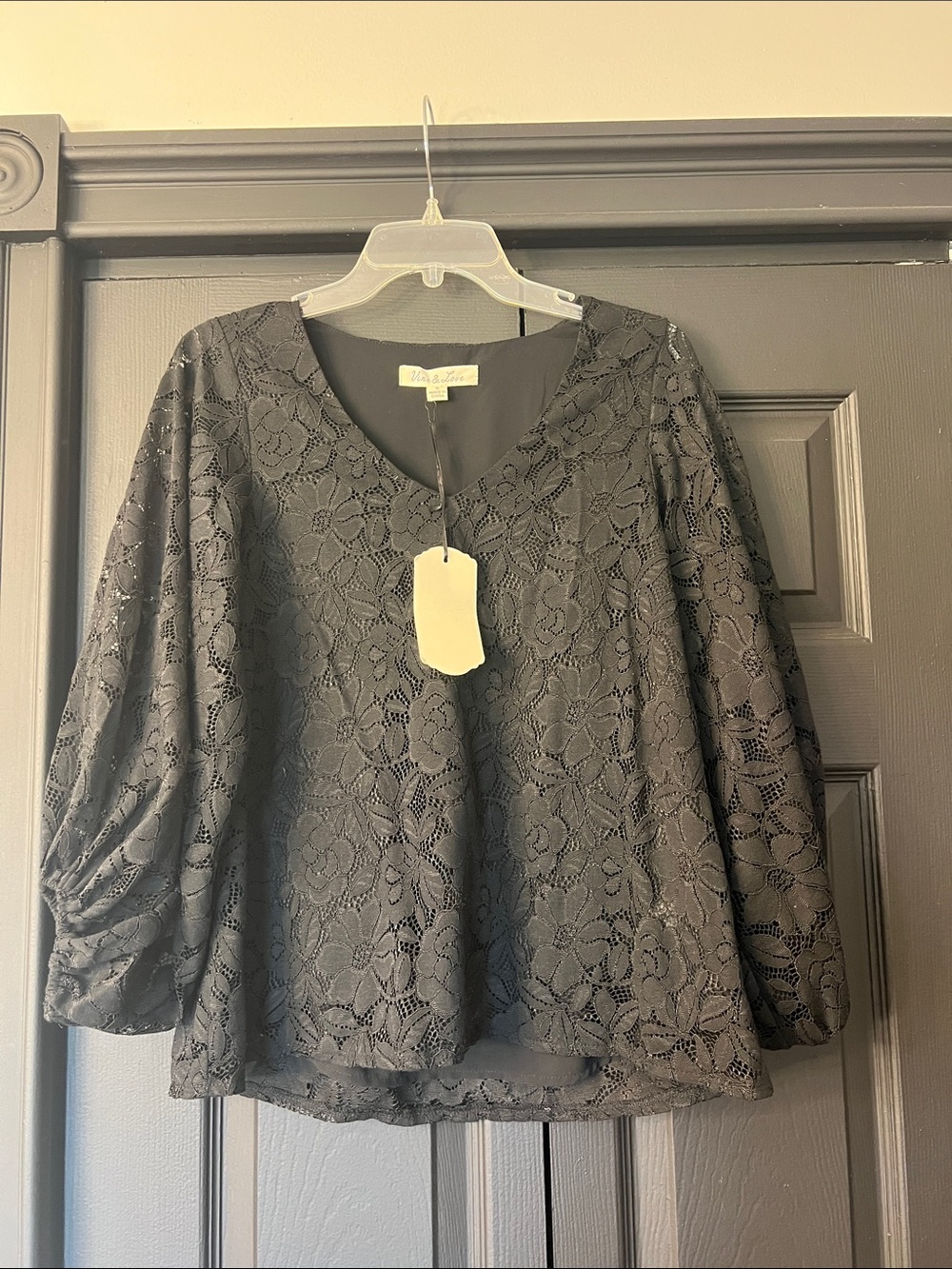 Vine & Love Black Floral Lace V-Neck Peasant Blouse